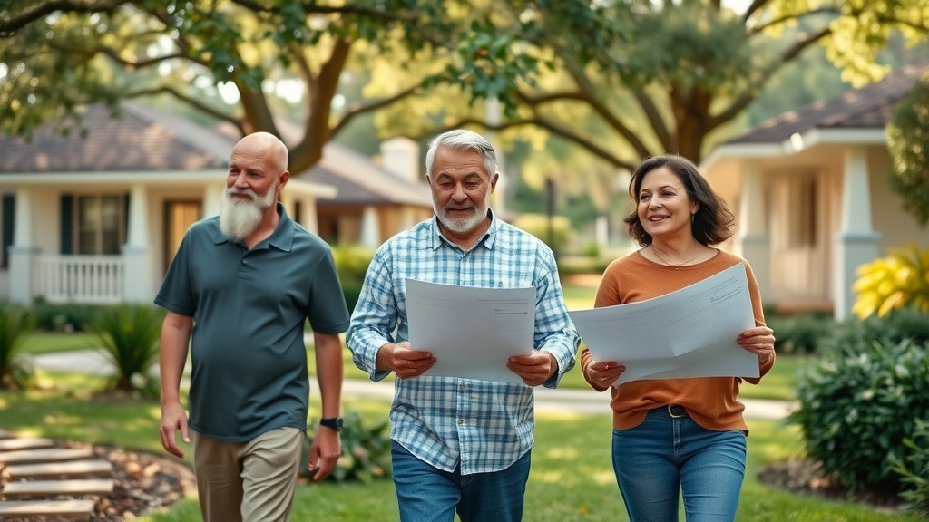 inviting suburban Lafayette neighborhood, residents walking, reviewing home plans, Photorealistic High Fidelity Lifelike, leafy Louisiana background with detailed bungalows and greenery, highly detailed, people engaging in planning conversation, natural color palette, soft daylight, shot with a 24mm wide-angle lens.