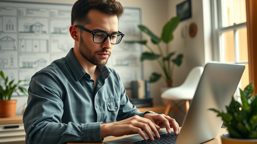 organized home office environment, person reviewing digital checklist on laptop, intent expression, planning, Photorealistic High Fidelity Lifelike, cozy Louisiana interior background with architectural blueprints and indoor plants, highly detailed, hands on keyboard, warm colors, morning sunlight streaming in, shot with a 35mm lens.