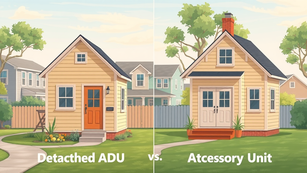 side-by-side comparison graphic, detached ADU vs attached accessory unit, clear visual differences, 2D Cartoon, subtle Louisiana suburb in background, highly detailed, informative contrasting elements, soft pastel colors, balanced studio lighting, shot with a digital illustration overlay.