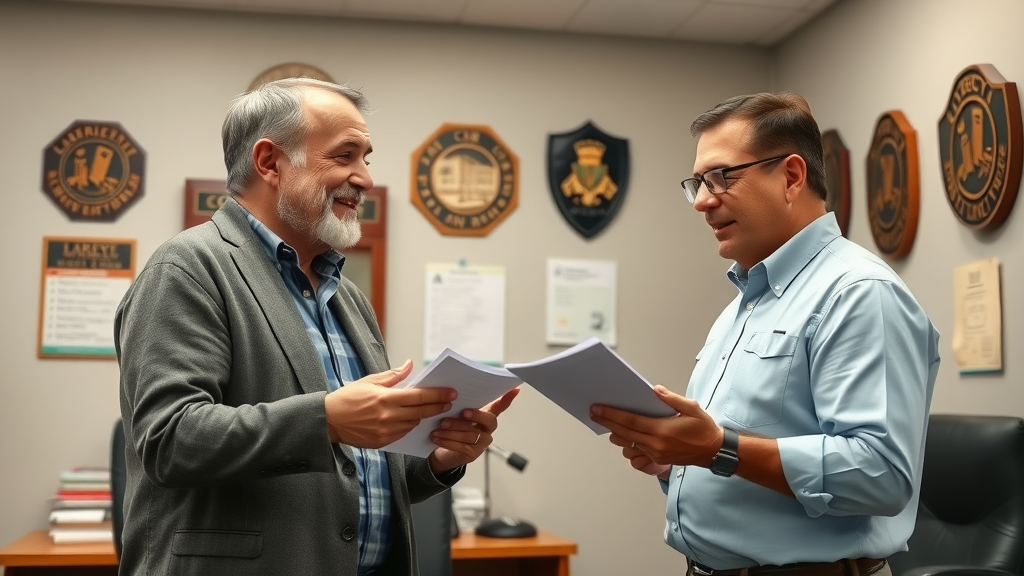 homeowner meeting city official at Lafayette permit office, friendly expressions, asking questions, Photorealistic High Fidelity Lifelike, municipal interior with official plaques and paperwork, highly detailed, energetic discussion, neutral colors, overhead office lighting, shot with a 50mm lens.