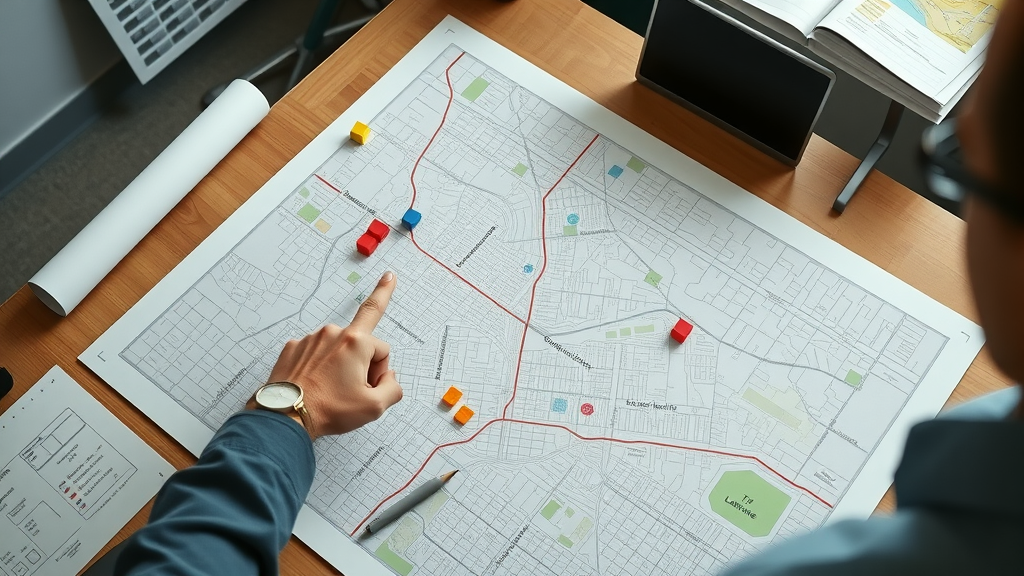 detailed Lafayette zoning map spread on desk, architect pointing to zones, focused expression, planning, Photorealistic High Fidelity Lifelike, office environment with rolled maps and colored markers, highly detailed, map highlights, muted tones, bright task lighting, shot with a 35mm lens top-down angle.