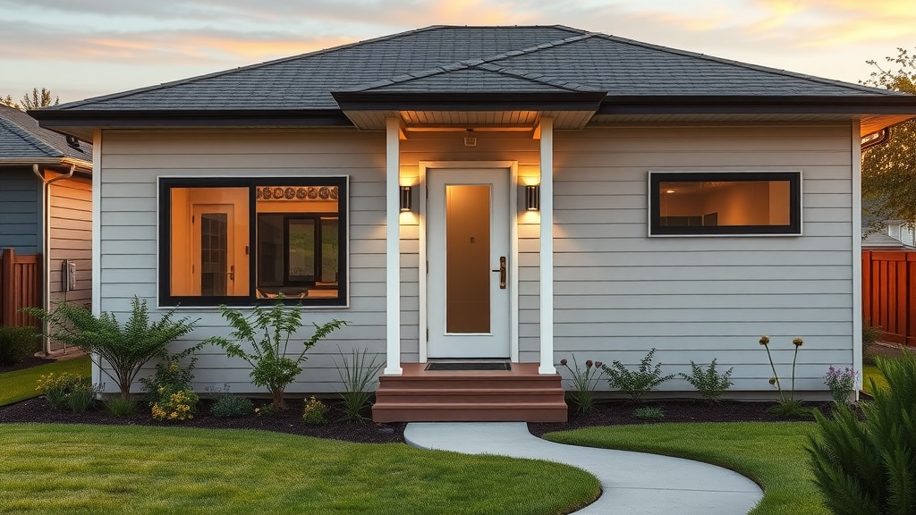 modern detached ADU exterior, stylish Louisiana style, landscaped yard, Photorealistic High Fidelity Lifelike, residential suburban background, highly detailed, windows and entry highlighted, soft earth tones, golden hour sunlight, shot with a 28mm lens.