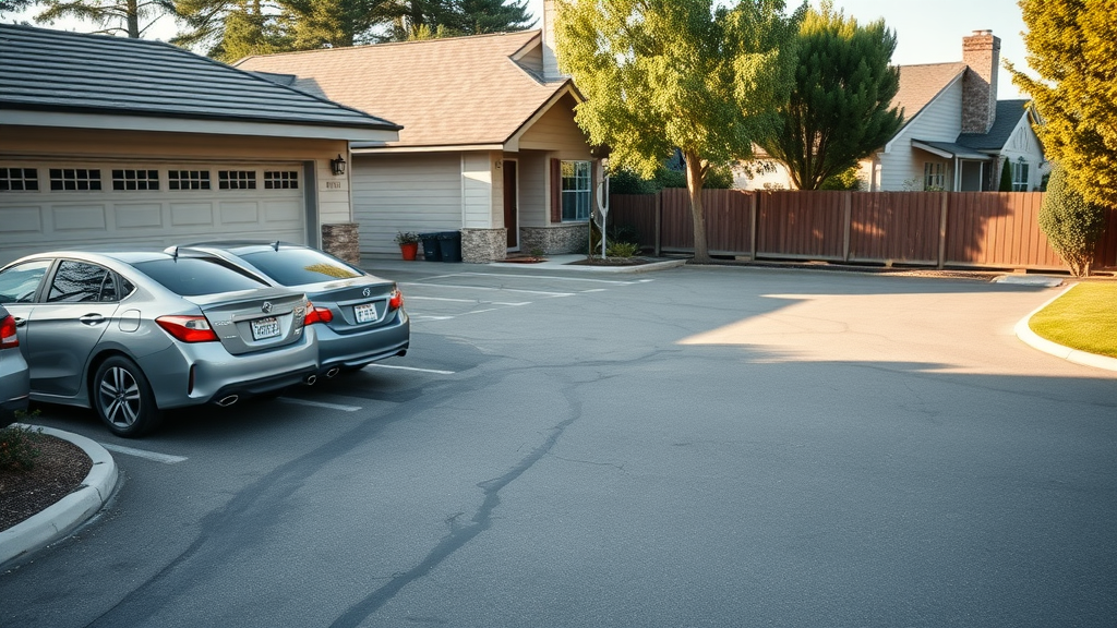 residential driveway in Lafayette, parked cars beside ADU, clear parking allocation, Photorealistic High Fidelity Lifelike, suburban home background, highly detailed, clean driveway, cool shades, afternoon natural lighting, shot with a 35mm lens.