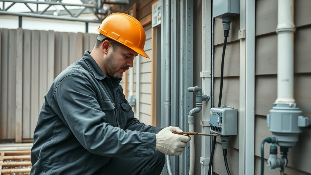 technician installing new utility connections to ADU, working carefully, professional attire, Photorealistic High Fidelity Lifelike, backyard environment with visible pipes and cables, highly detailed, neat workspace, cool gray tones, diffused daylight, shot with a 85mm lens.