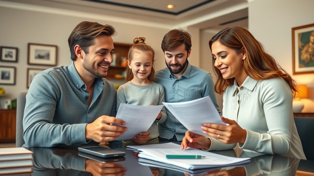 young family meeting advisor, reviewing grant paperwork, hopeful expressions, Photorealistic High Fidelity Lifelike, financial office with Lafayette decor, highly detailed, forms on desk, energetic body language, warm interior tones, soft overhead lighting, shot with a 50mm lens.