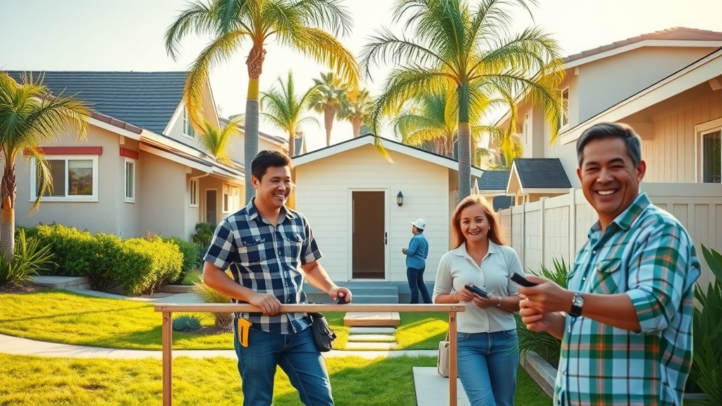 Vibrant California suburban neighborhood featuring modern accessory dwelling unit (ADU) construction, green lawns, palm trees, and residents smiling while building.