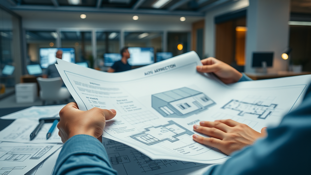 Architect reviewing detailed architectural ADU plans on drafting desk in a modern office, planning for ADU construction guidelines California 2023.