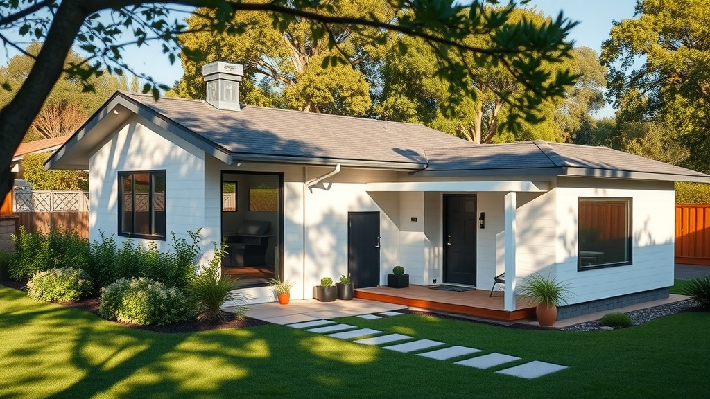 Modern single-family California home with a stylish, clearly defined backyard accessory dwelling unit (ADU) for 2023 housing solutions.