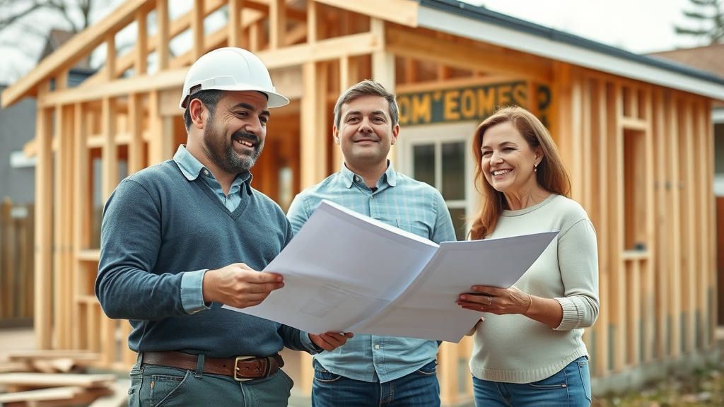 Confident builder and homeowner reviewing construction plans for a new ADU, illustrating 2023 California ADU law updates and approval process.