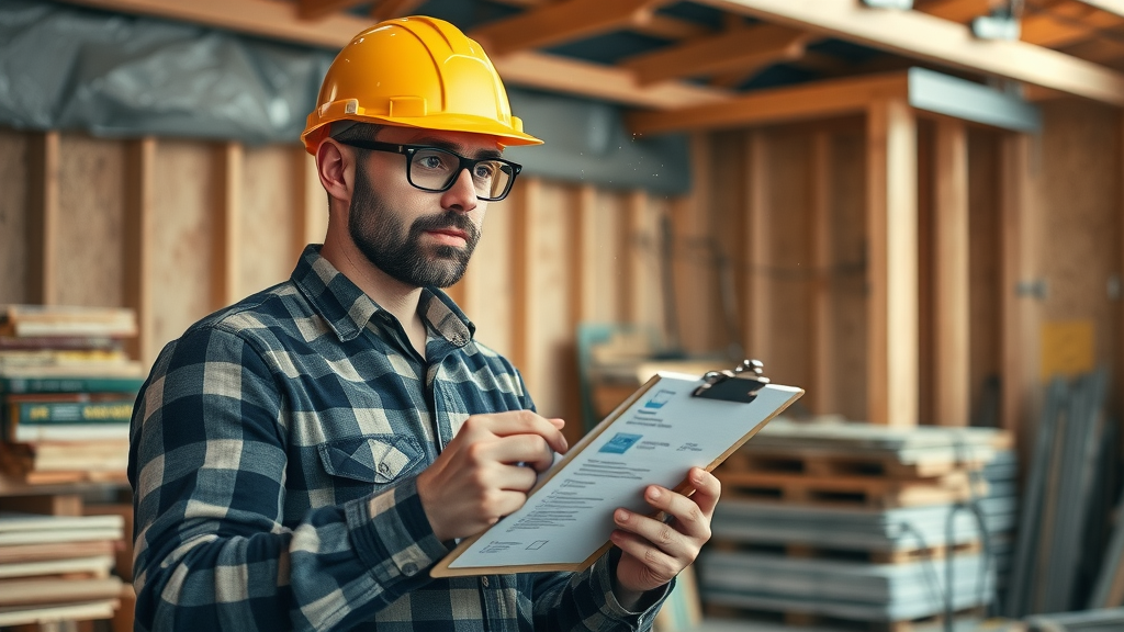 Professional builder marking checklist on clipboard during an ADU construction project, following California’s 2023 regulations and best practices.