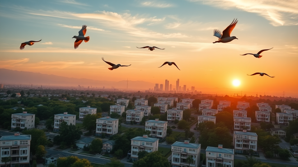 Inspirational California skyline featuring modern ADUs in neighborhoods, symbolizing new opportunities from 2023 ADU construction guidelines.