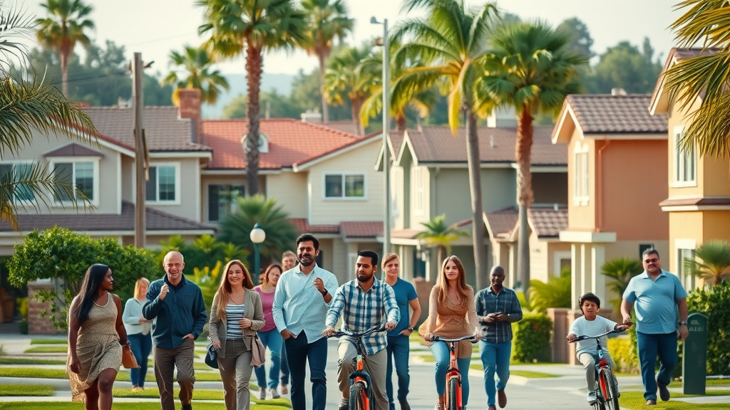 Vibrant California suburban streetscape, diverse group of homeowners, California housing law reforms 2023, lush green urban neighborhood with palm trees, neighbors interacting, highly detailed setting
