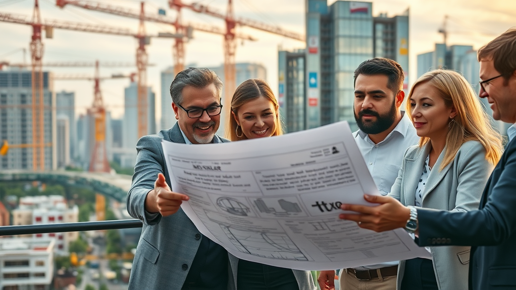 Modern cityscape, construction, architects reviewing blueprints, California housing law reforms 2023, governmental banners, new housing projects, vivid colors, daytime energy