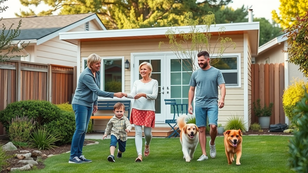 Charming California backyard with new accessory dwelling unit (ADU), family exchanging keys, affordable housing, landscaped suburban neighborhood, lively and positive scene