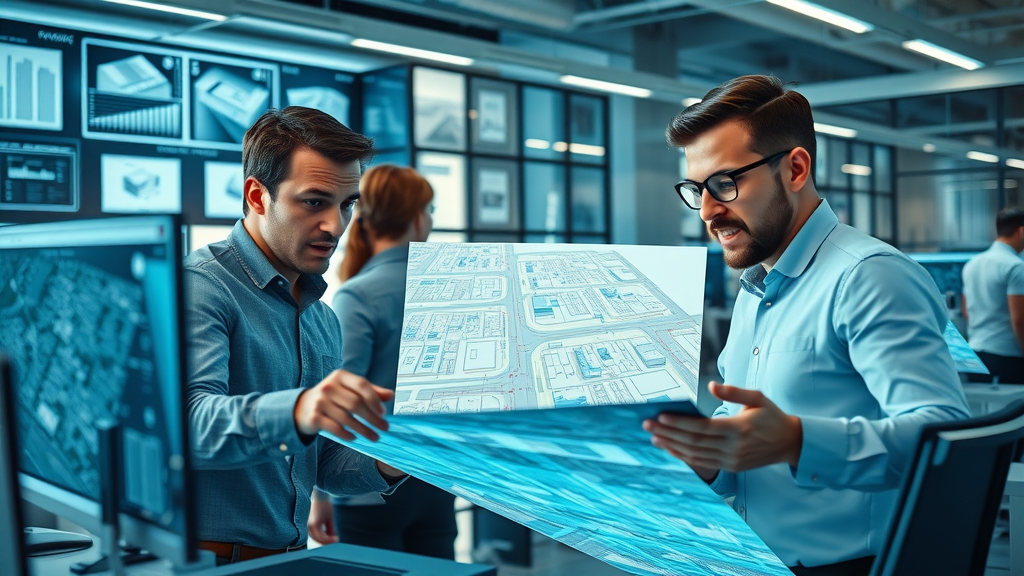 Dynamic architectural office, urban planners analyzing digital housing production maps, discussing streamlined permit processes, California housing law reforms 2023