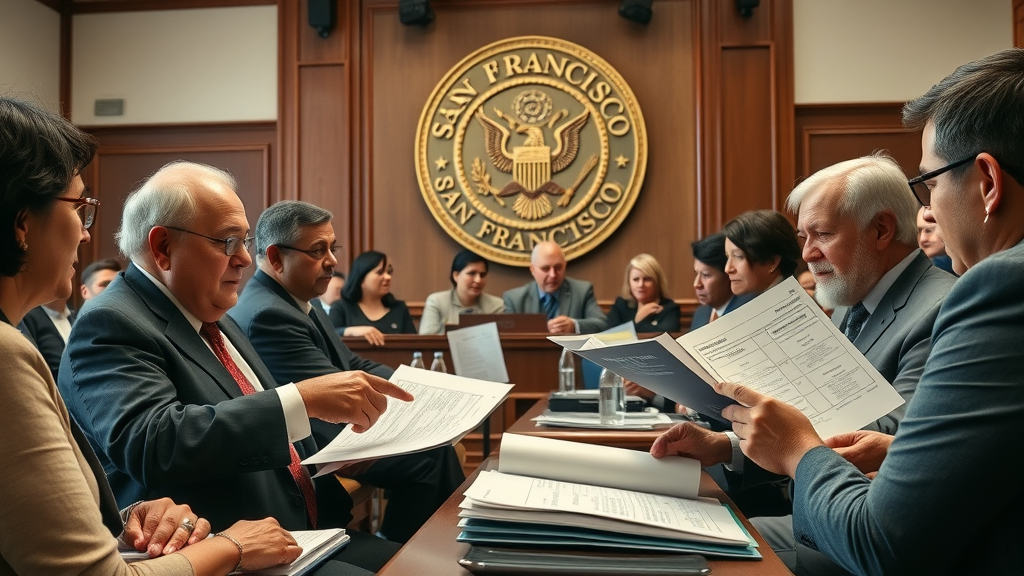 City meeting room, California housing law accountability debates, city council and homeowners discussing enforcement of new housing laws, animated debate