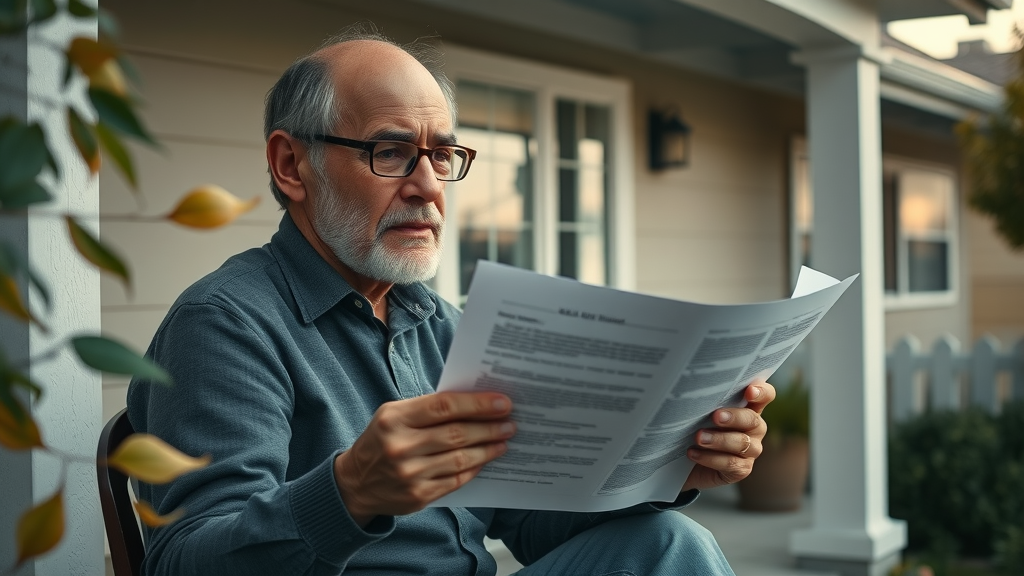 Worried homeowner reviewing California housing law reforms 2023 documents, concerned about property risks, California bungalow, official paperwork