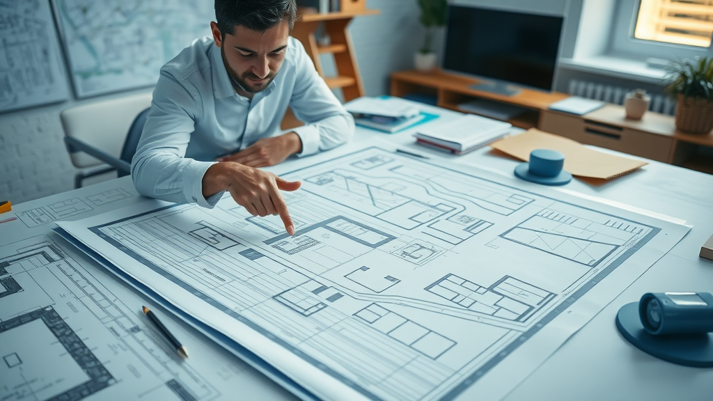 Architect reviewing blueprints on a table with visible property setbacks, showcasing adu requirements for Lafayette CA