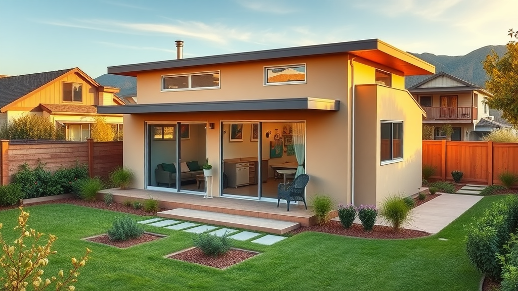 Modern detached ADU in Lafayette backyard meeting maximum size, landscaping, and setback requirements