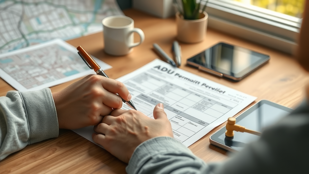 Hands completing ADU permit paperwork at Lafayette desk, ensuring all adu requirements and setback rules are met