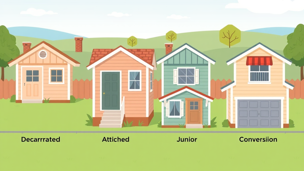 Visual guide showing four types of ADUs in Lafayette: detached, attached, junior, and garage conversion with the Lafayette landscape