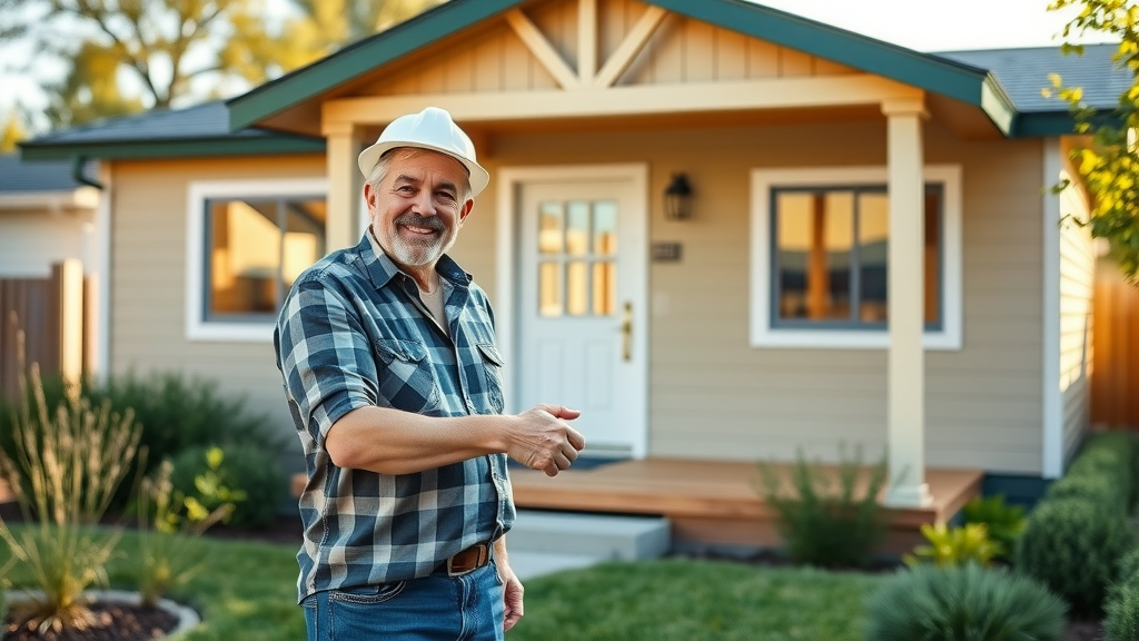 Happy Lafayette homeowner and construction professional in front of completed ADU, celebrating successful permitting under local size and setback rules