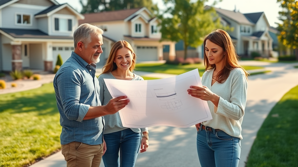 Homeowners discussing ADU plans in modern suburban neighborhood, impact of 2023 ADU law changes on homeowners