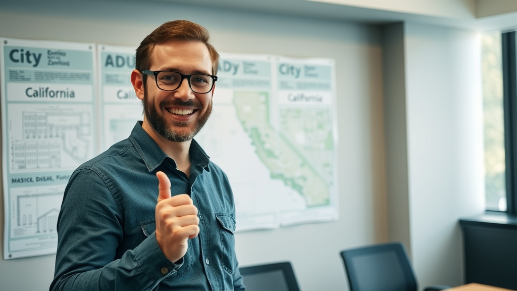 City planner explaining California ADU zoning using maps, adu laws in CA