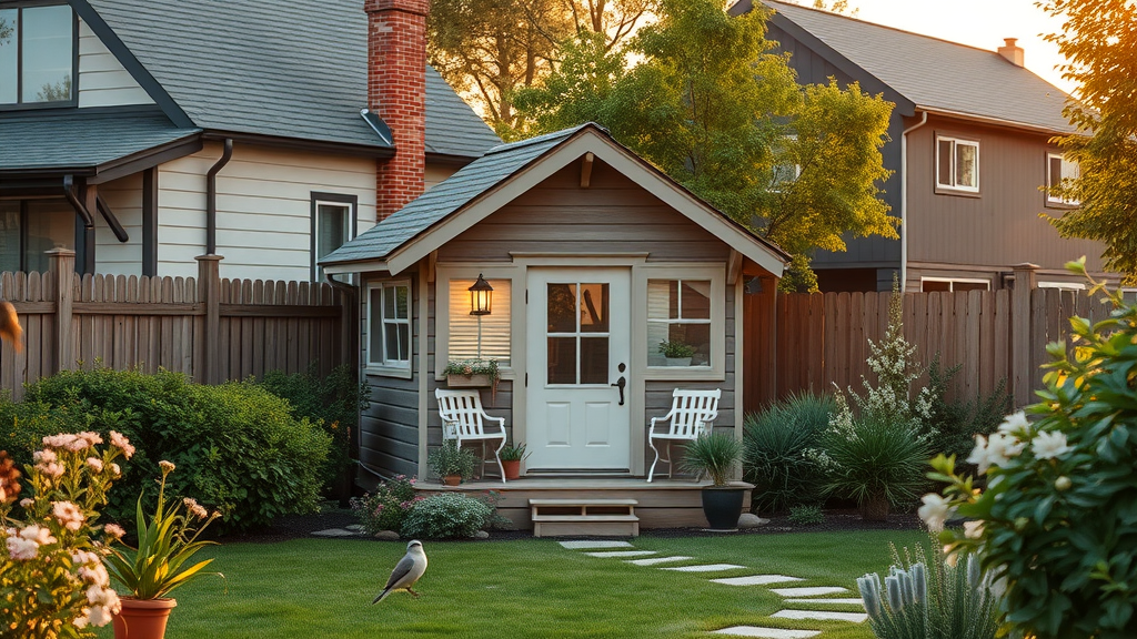Charming backyard ADU cottage beside main home, accessory dwelling unit in California