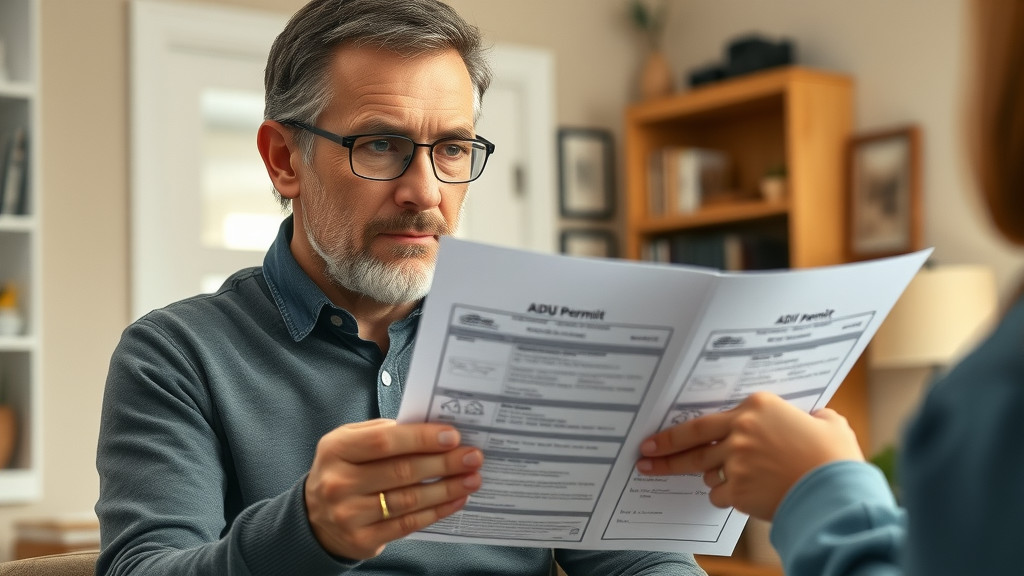 Homeowner reviewing ADU permit with inspector, unpermitted ADU compliance in 2023